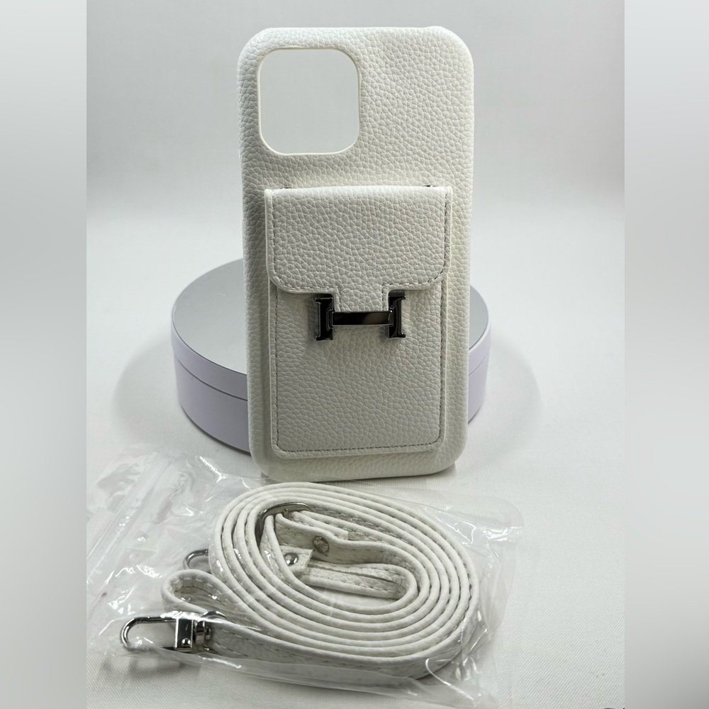 White HLeather Phone Case with Pocket can be used as Crossbody IPhone 13 Pro Max